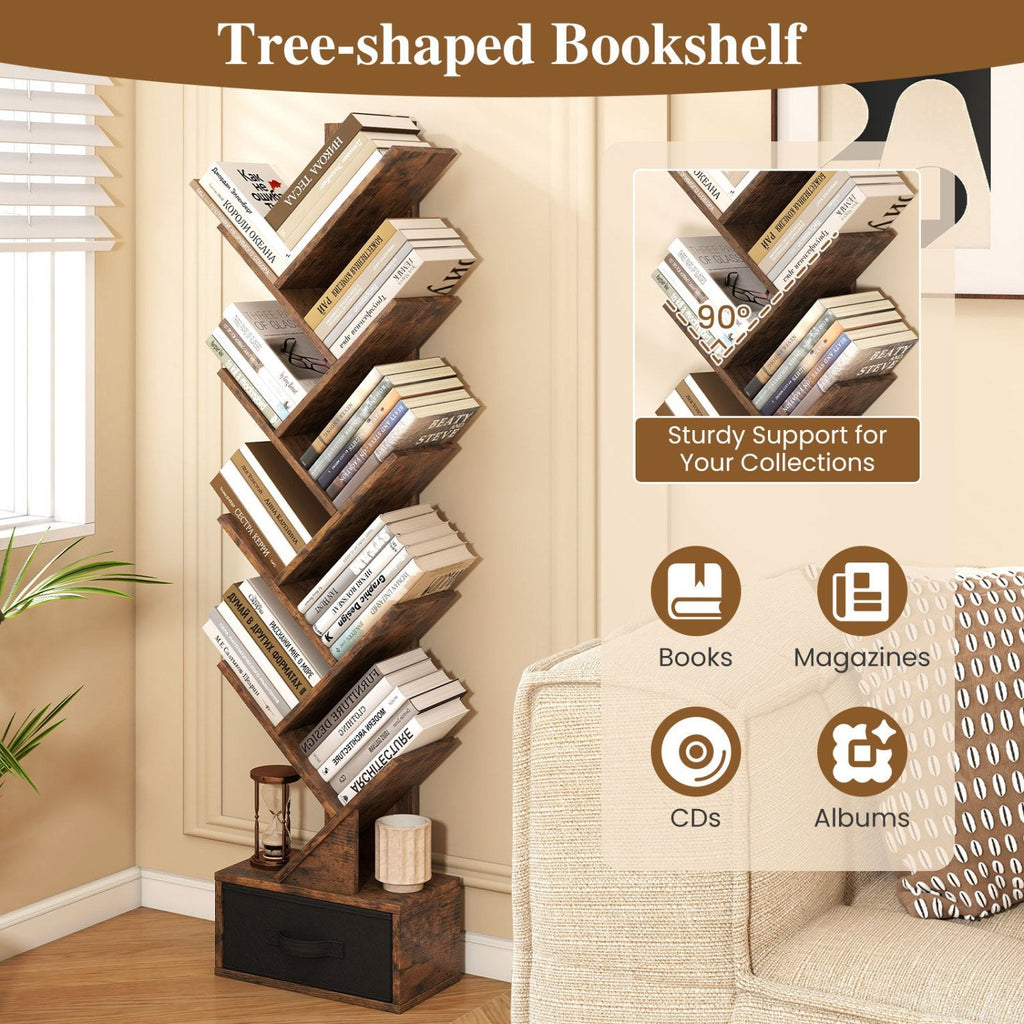 10 Tier Tree Bookshelf with Fabric Drawer, Narrow Bookcase, Rustic Brown