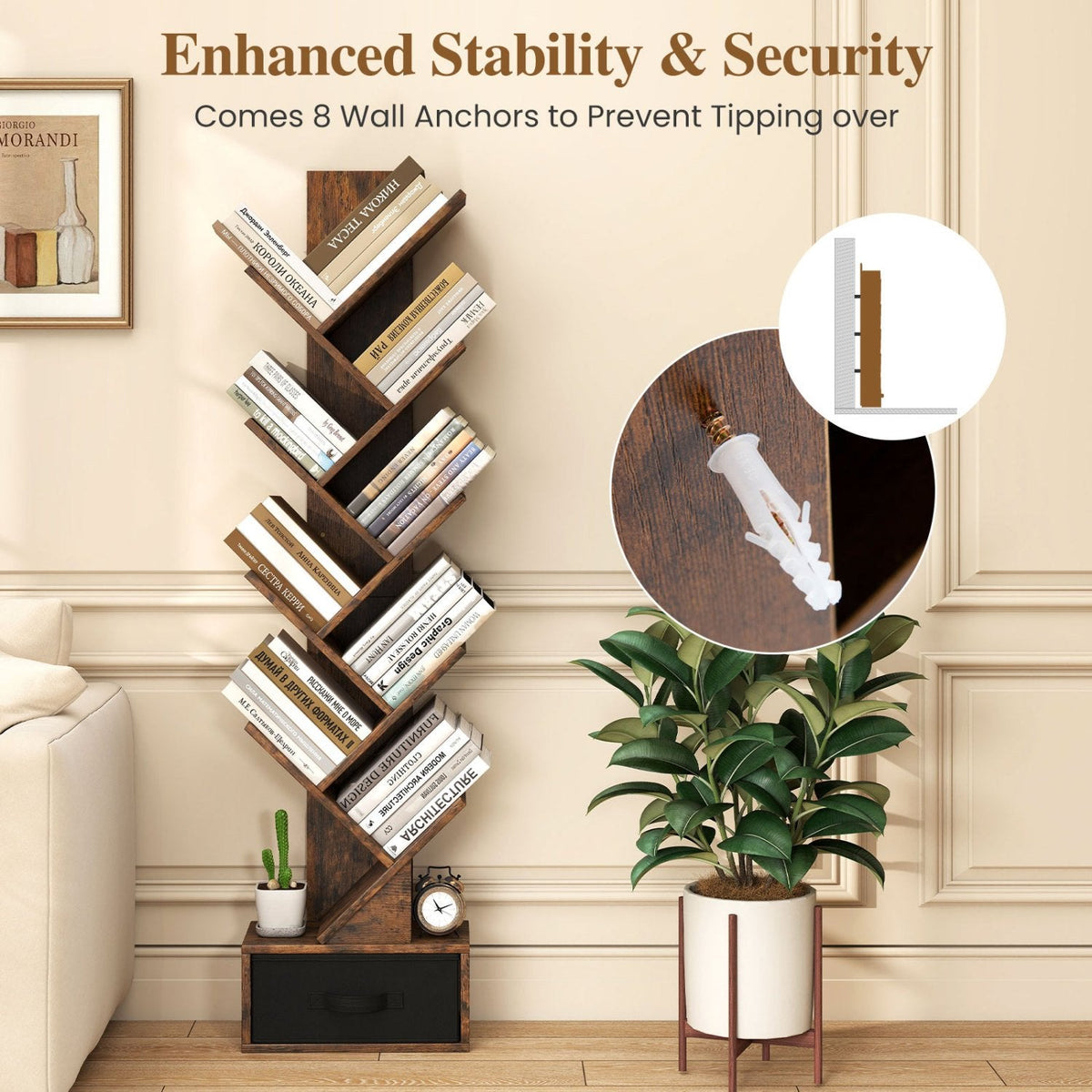 10 Tier Tree Bookshelf with Fabric Drawer, Narrow Bookcase, Rustic Brown
