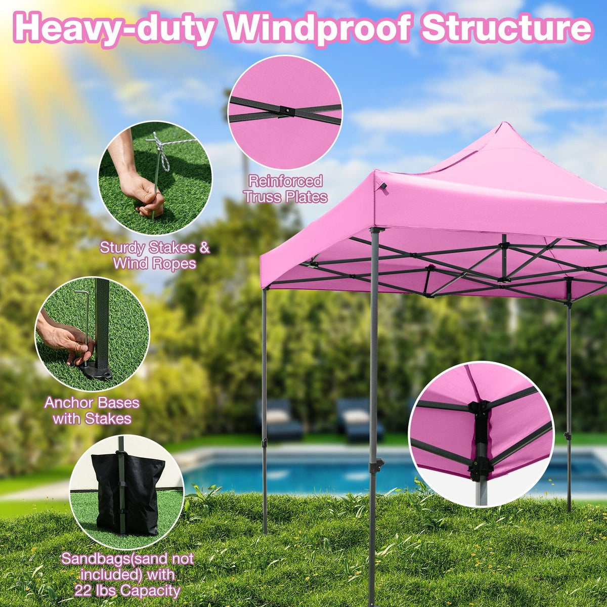 10 x 10 FT Outdoor Pop up Canopy Tent Easy Setup Gazebo Shelter with Wheeled Bag-Pink