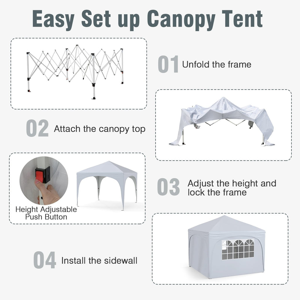 10 X 10 FT Pop up Canopy Tent with 4 Removable Sidewall-White