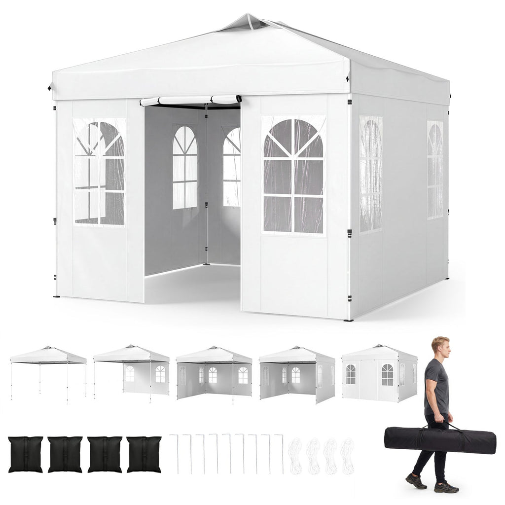10 x 10 FT Pop Up Canopy Tent with 4 Sidewalls and Adjustable Height Waterproof-White