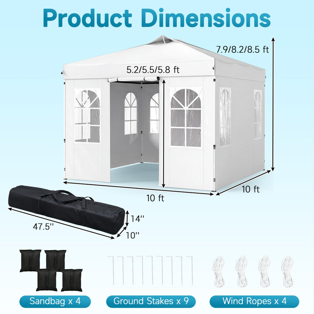 10 x 10 FT Pop Up Canopy Tent with 4 Sidewalls and Adjustable Height Waterproof-White