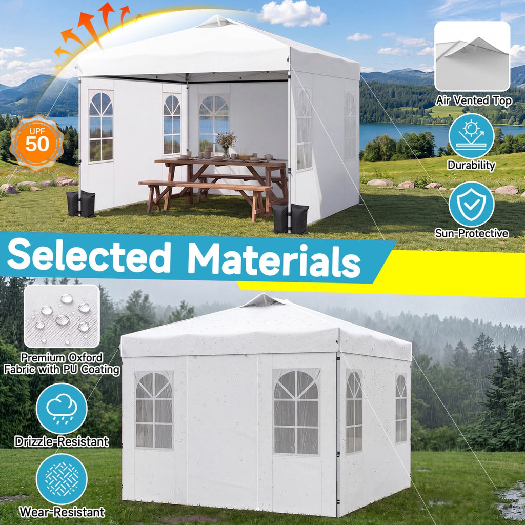 10 x 10 FT Pop Up Canopy Tent with 4 Sidewalls and Adjustable Height Waterproof-White