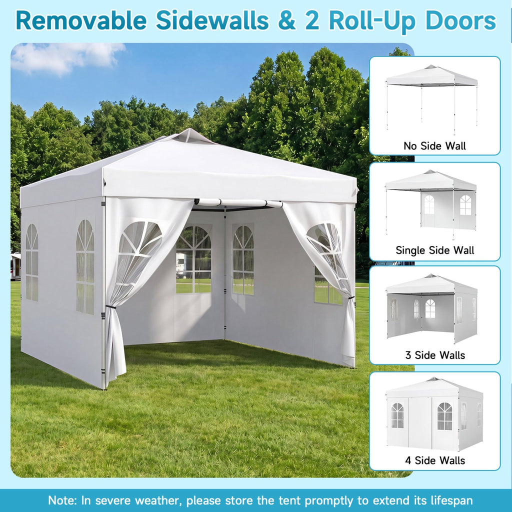 10 x 10 FT Pop Up Canopy Tent with 4 Sidewalls and Adjustable Height Waterproof-White