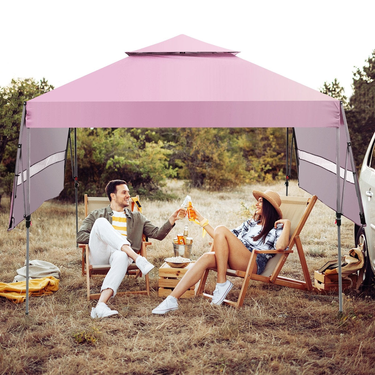 10 x 17.6 Feet Outdoor Instant Pop-up Canopy Tent with Dual Half Awnings-Pink