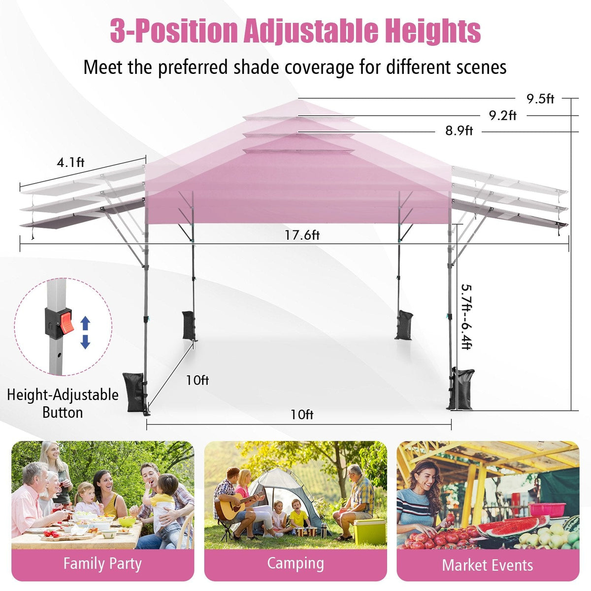 10 x 17.6 Feet Outdoor Instant Pop-up Canopy Tent with Dual Half Awnings-Pink