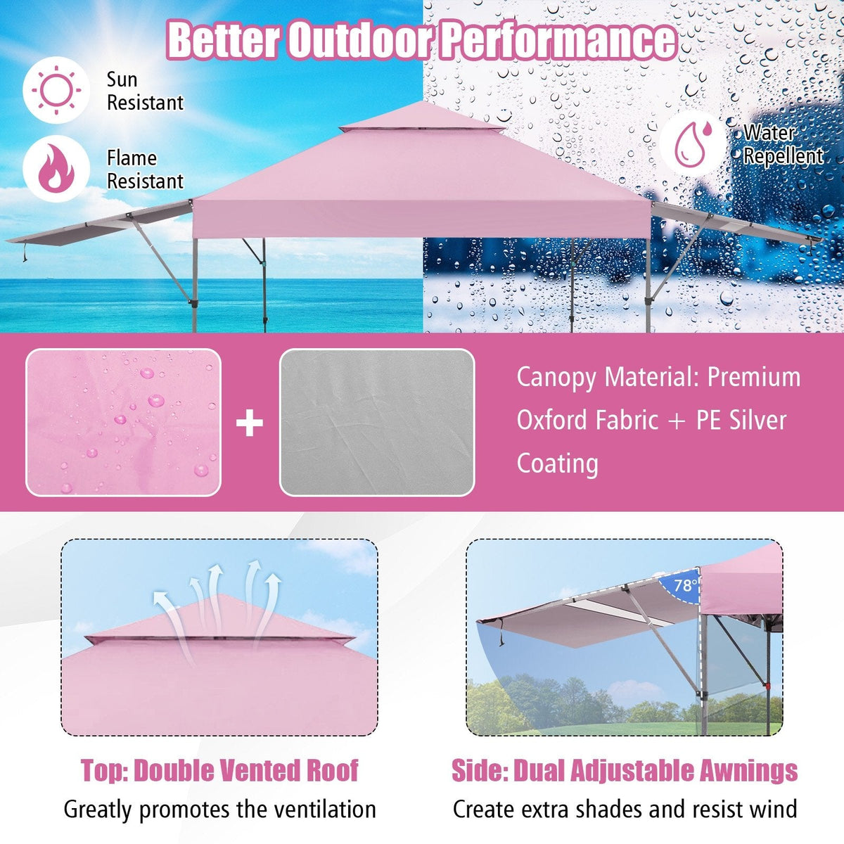 10 x 17.6 Feet Outdoor Instant Pop-up Canopy Tent with Dual Half Awnings-Pink