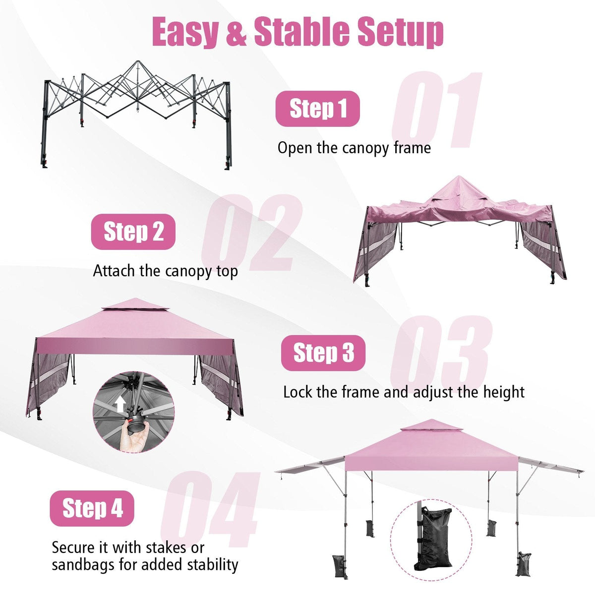 10 x 17.6 Feet Outdoor Instant Pop-up Canopy Tent with Dual Half Awnings-Pink