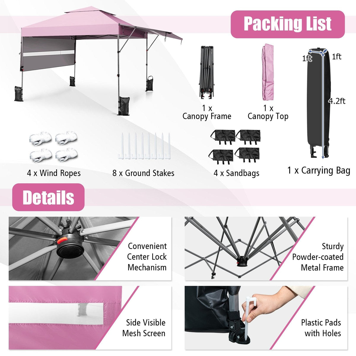 10 x 17.6 Feet Outdoor Instant Pop-up Canopy Tent with Dual Half Awnings-Pink