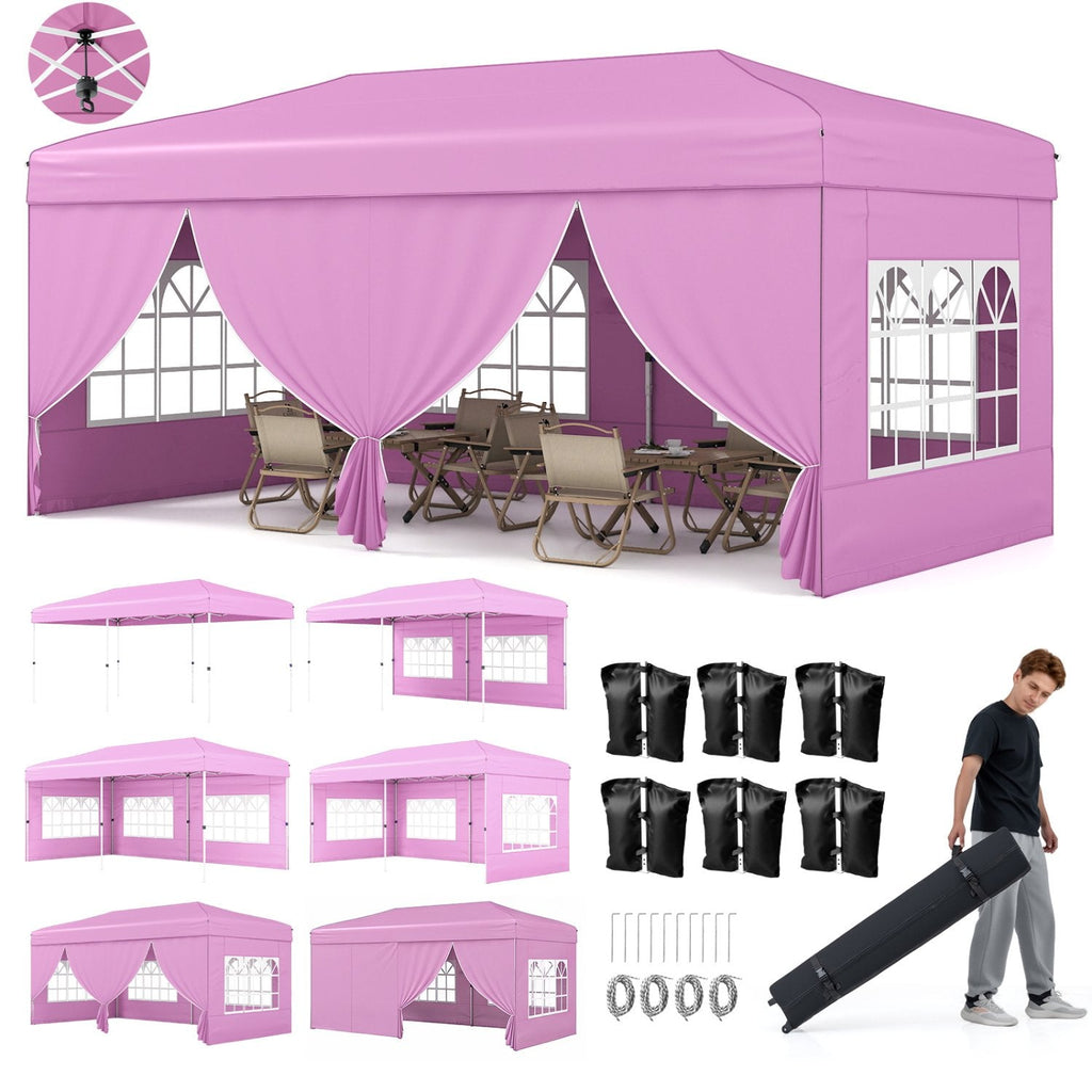 10 X 20 Feet Pop up Canopy Tent Instant Setup with 6 Sidewalls-Pink