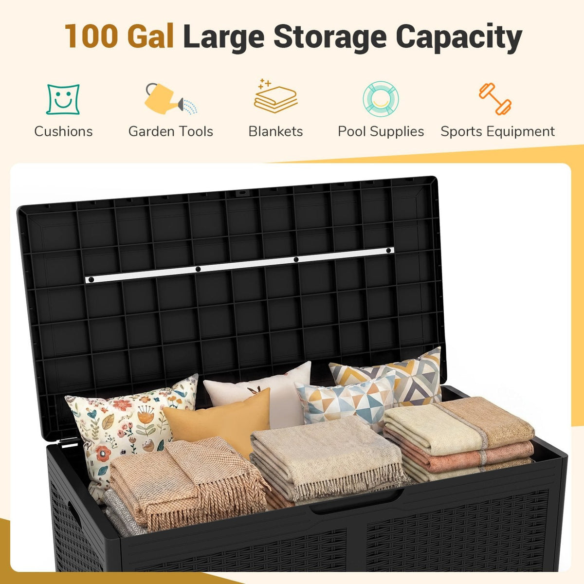 100 Gallon Resin Deck Box Outdoor Waterproof Storage Bench-Black