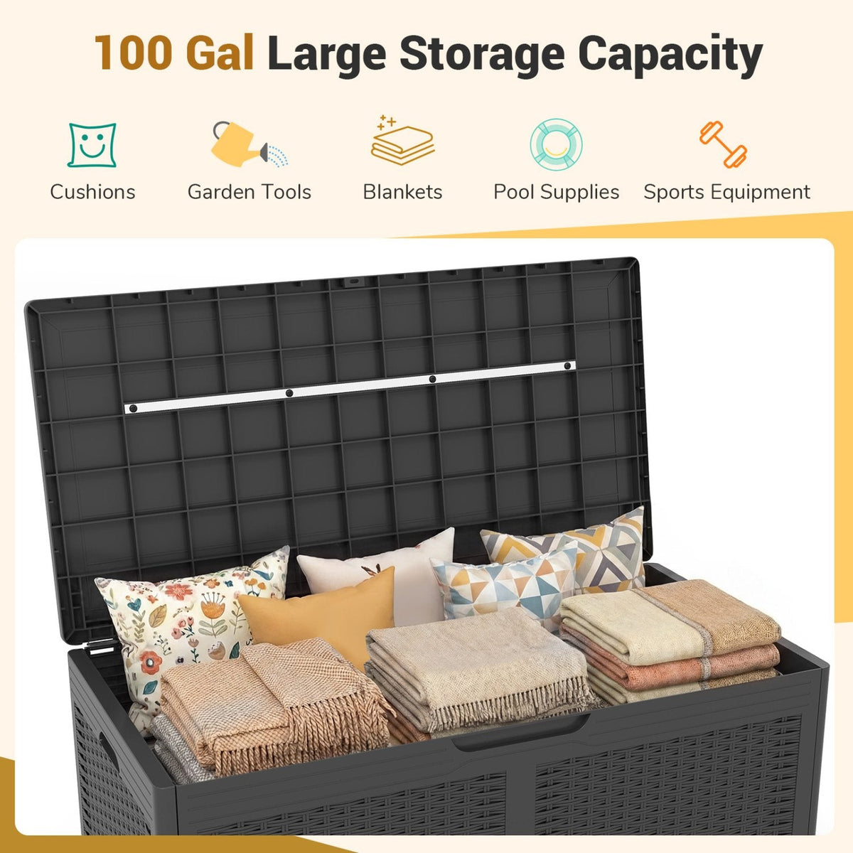 100 Gallon Resin Deck Box Outdoor Waterproof Storage Bench-Gray