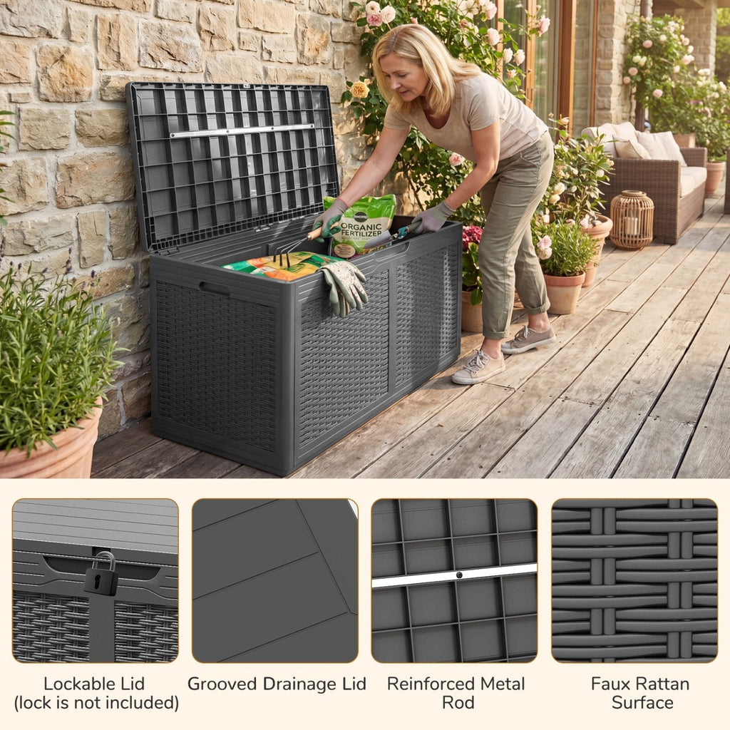 100 Gallon Resin Deck Box Outdoor Waterproof Storage Bench-Gray