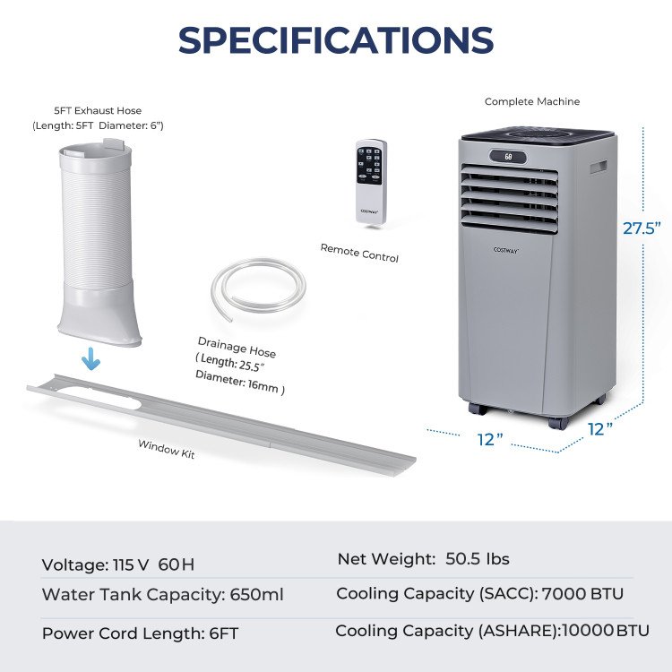 10000 BTU Portable Air Conditioner with Remote Control, Gray, Cools up to 350 sq ft