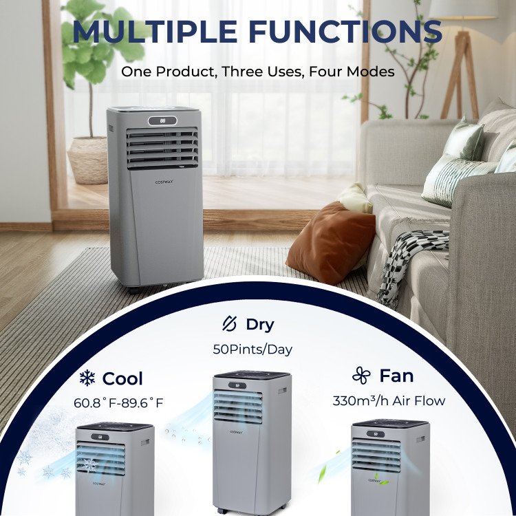 10000 BTU Portable Air Conditioner with Remote Control, Gray, Cools up to 350 sq ft