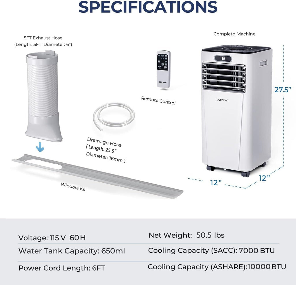 10000 BTU 4-in-1 Portable Air Conditioner with Dehumidifier and Fan Mode, White, 350 sq ft
