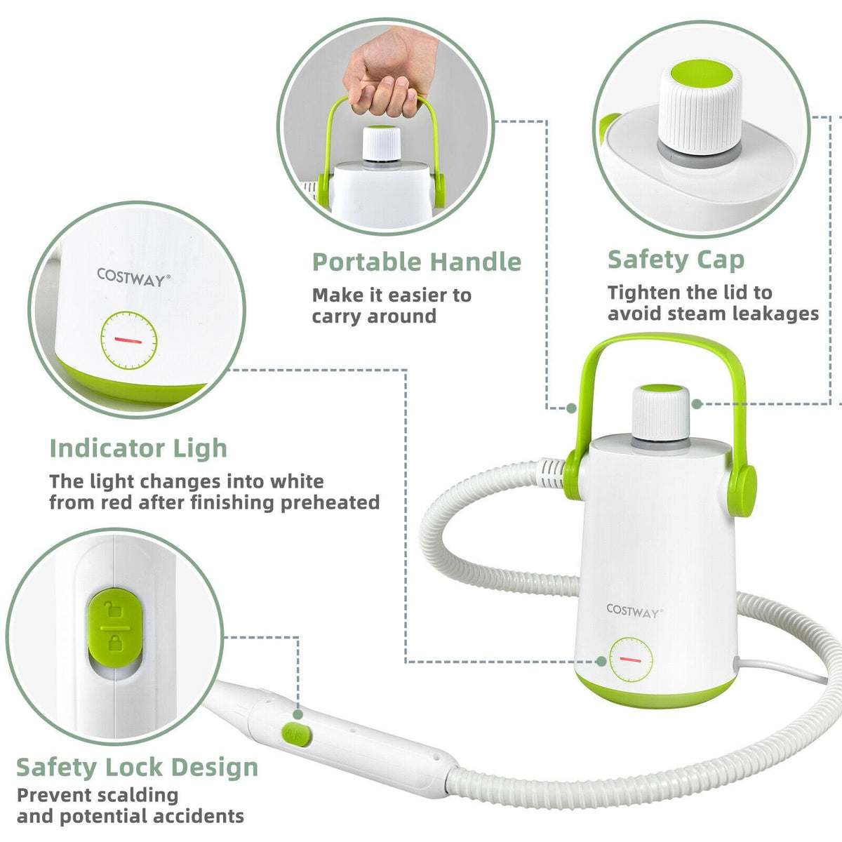 1000W Multifunction Portable Hand-held Steam Cleaner with 10 Accessories-Green