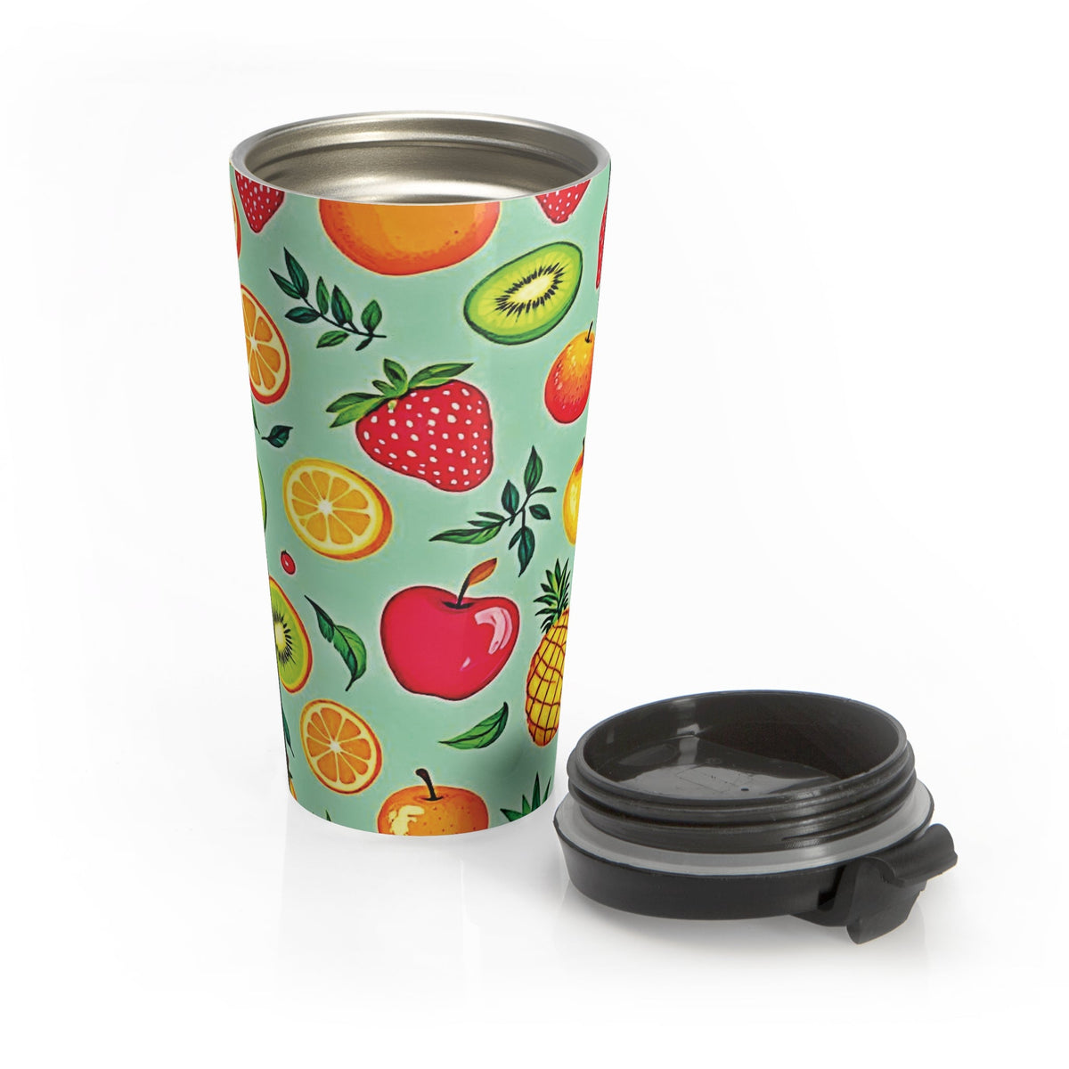 Colorful Fruit Pattern Travel Mug | Strawberry Apple Orange Kiwi Pineapple