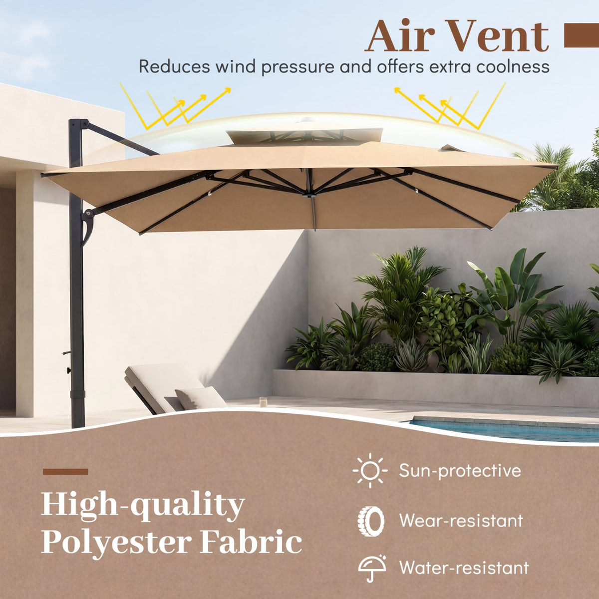 10 FT Aluminum Pole Patio Cantilever Umbrella with 220 LBS Base-Brown