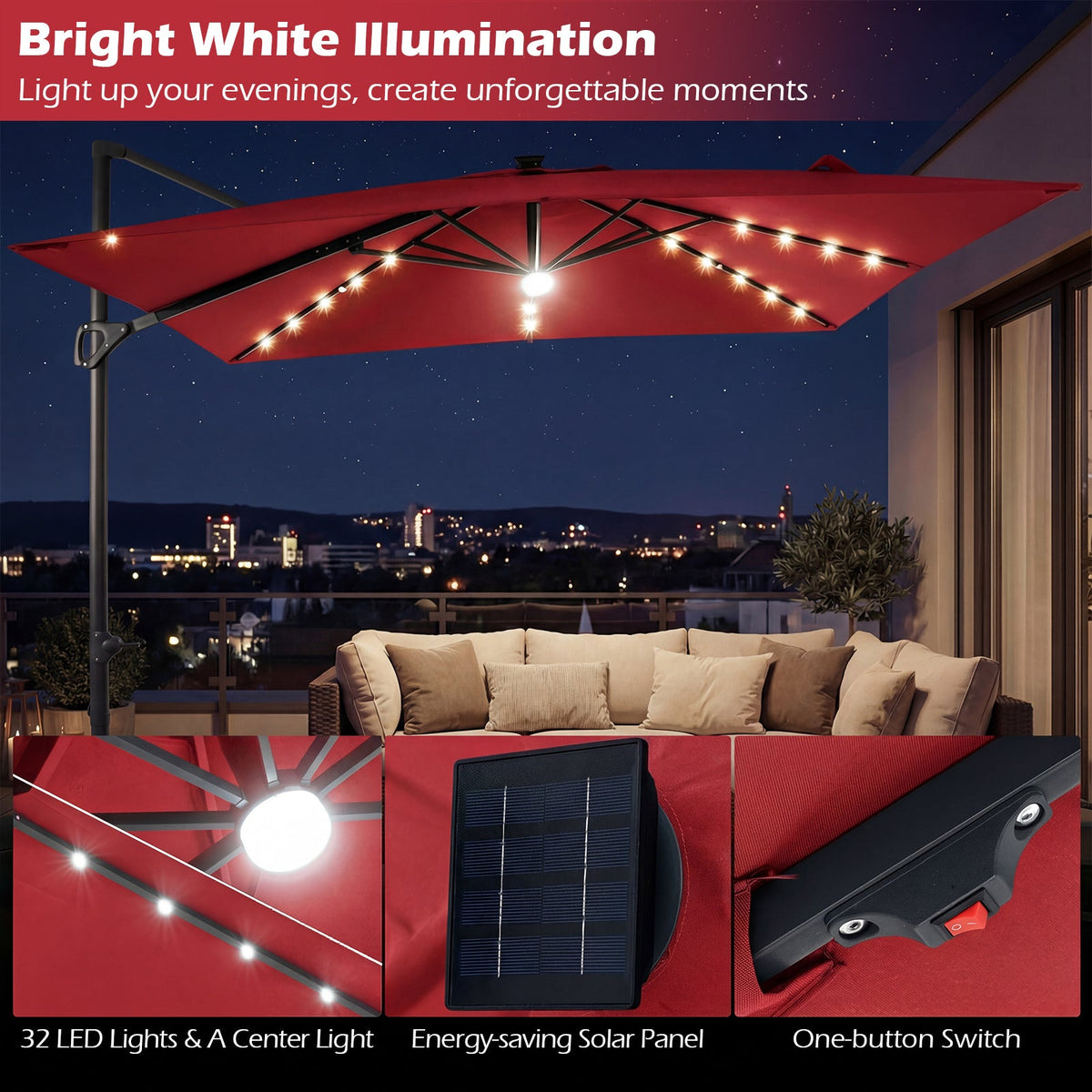 10 FT Cantilever Patio Umbrella with Solar LED Lights for Pool and Garden-Red