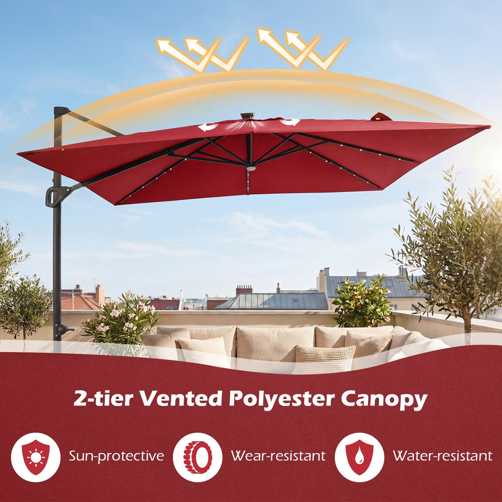 10 FT Cantilever Patio Umbrella with Solar LED Lights for Pool and Garden-Red