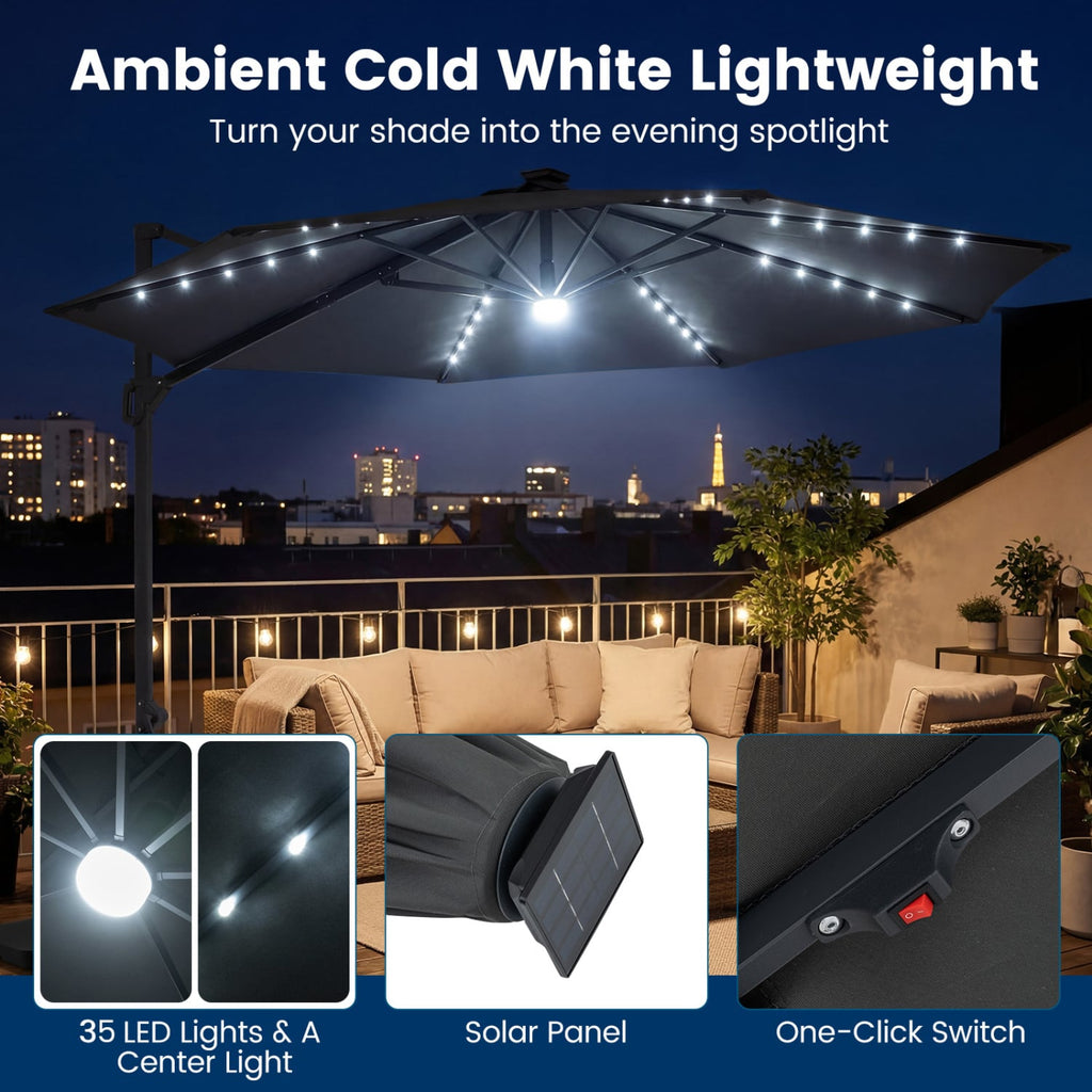 10 FT Cantilever Patio Umbrella with Solar LED Lights 360° Rotation-Gray