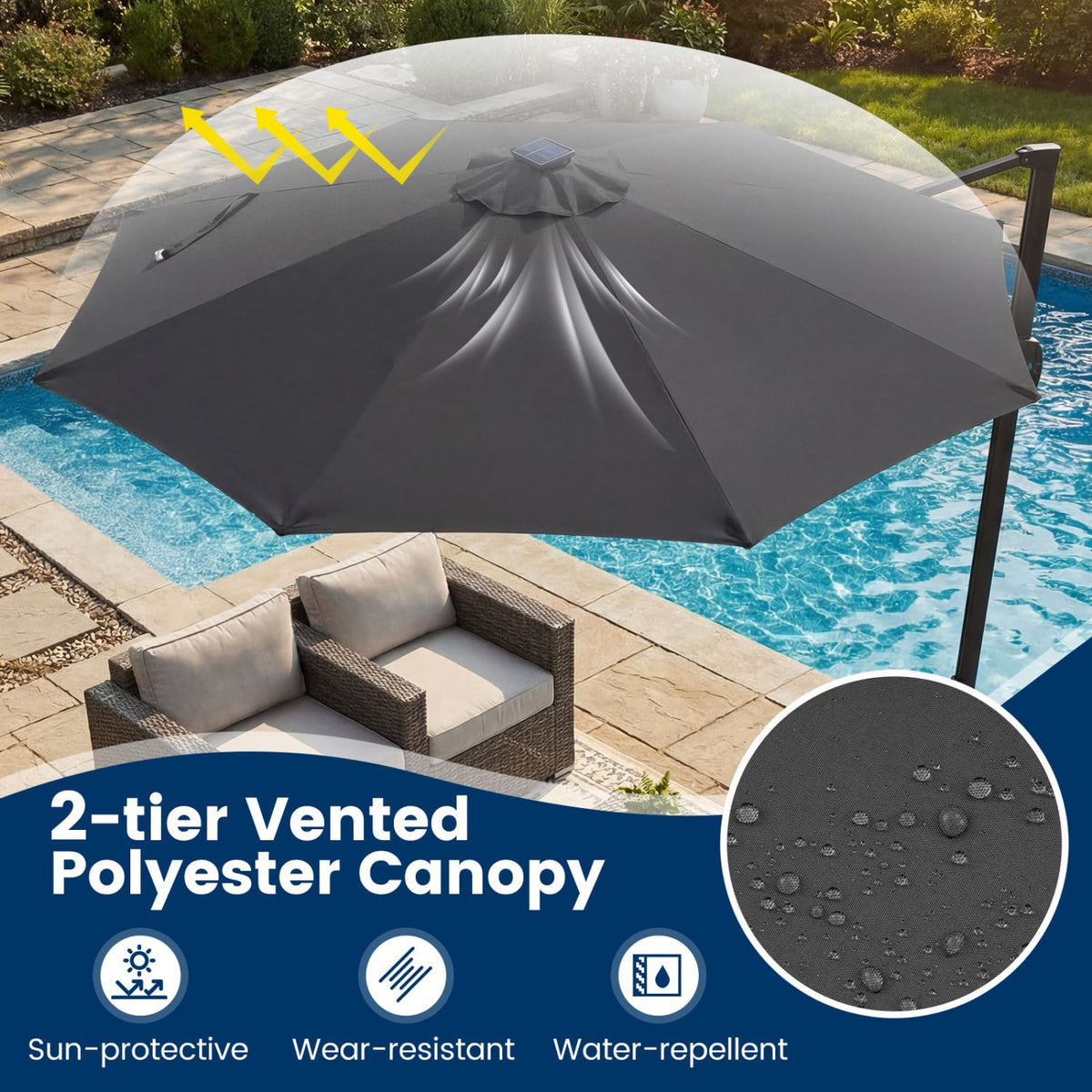 10 FT Cantilever Patio Umbrella with Solar LED Lights 360° Rotation-Gray