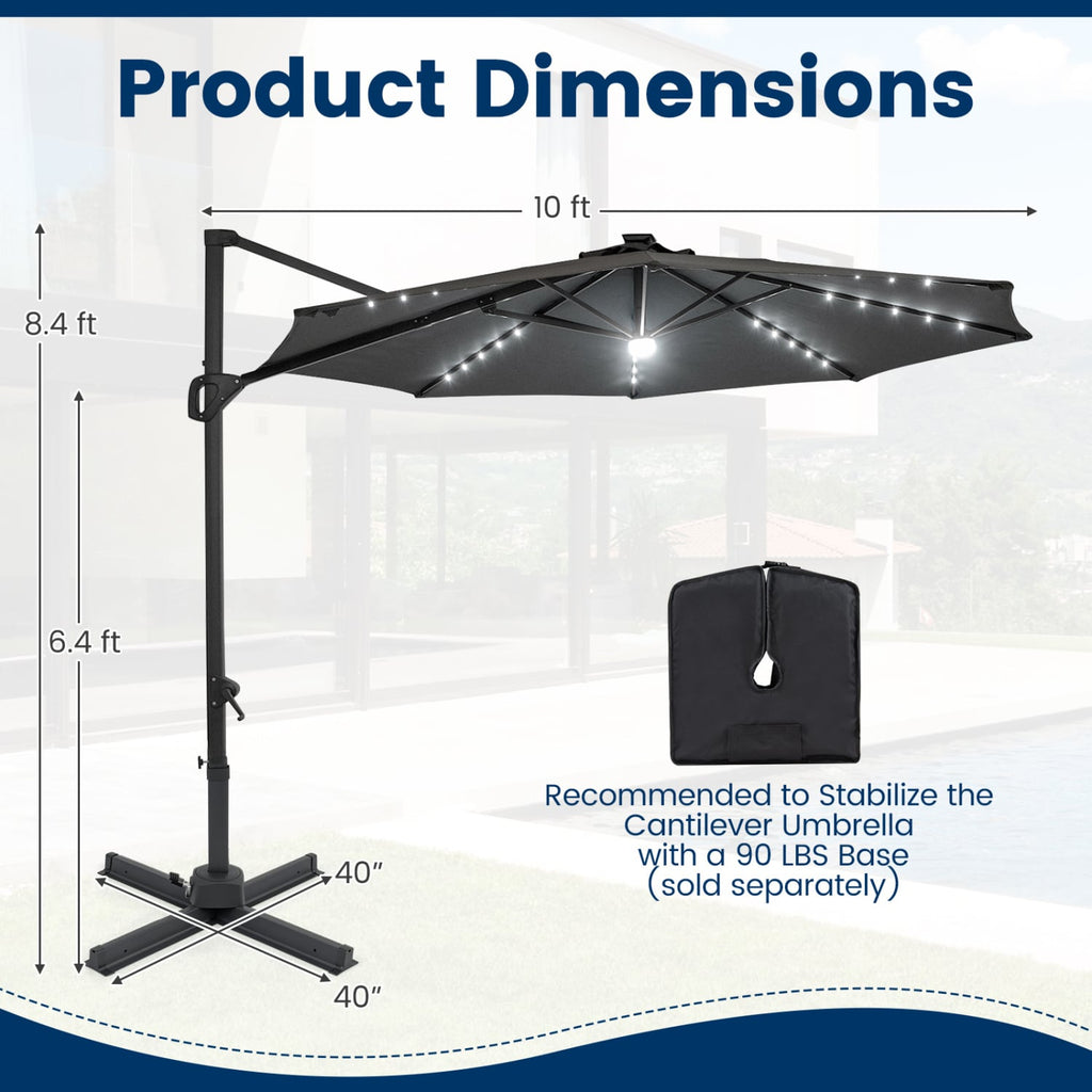 10 FT Cantilever Patio Umbrella with Solar LED Lights 360° Rotation-Gray