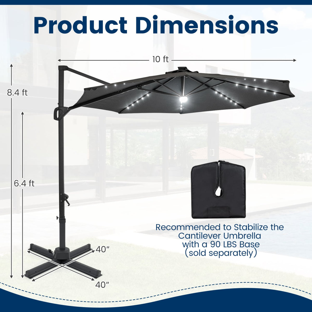 10 FT Cantilever Patio Umbrella with Solar LED Lights 360° Rotation-Gray