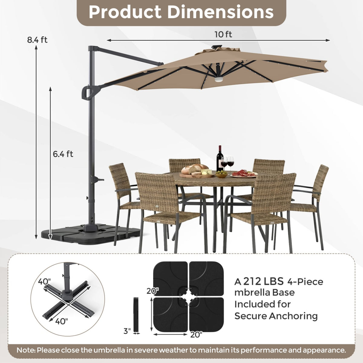 10 FT Cantilever Patio Umbrella with 35 Solar LED Lights and 220 LBS Base-Brown