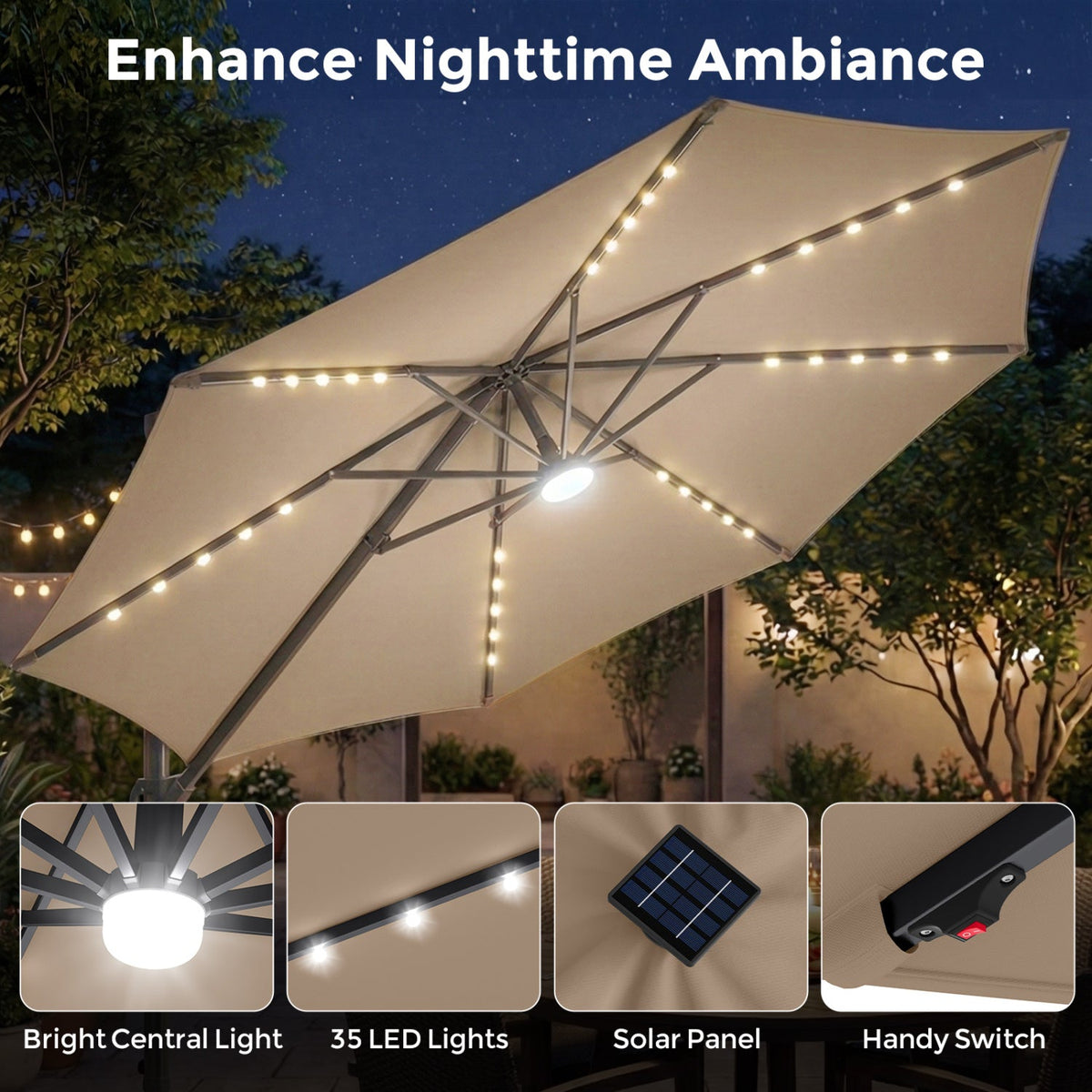 10 FT Cantilever Patio Umbrella with 35 Solar LED Lights and 220 LBS Base-Brown
