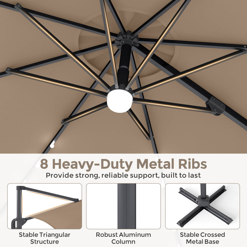 10 FT Cantilever Patio Umbrella with 35 Solar LED Lights and 220 LBS Base-Brown