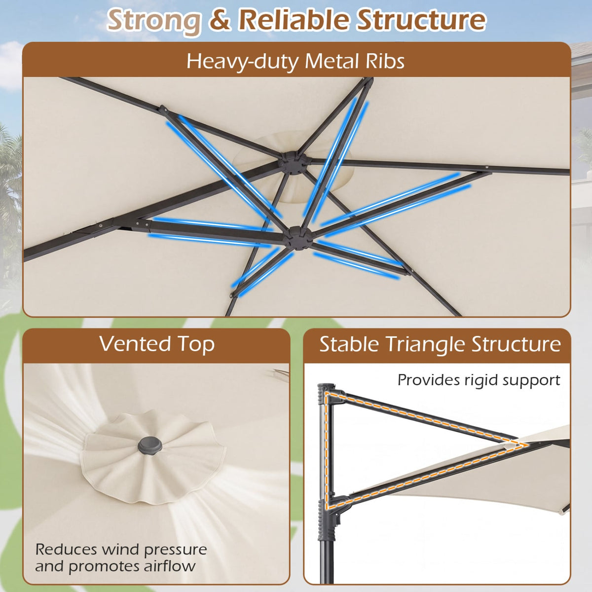 10 FT Patio Cantilever Umbrella with 360° Rotation and Air Vent for Backyard and Poolside-Beige