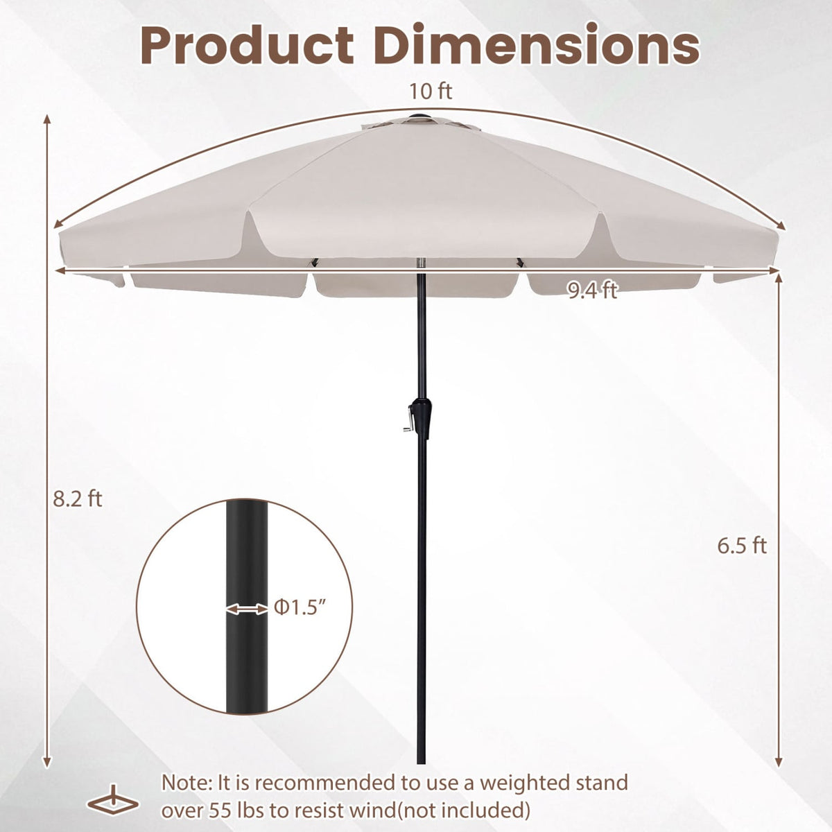 10 FT Scalloped Patio Umbrella with Push Button Tilt and 8 Fiberglass Ribs-Beige