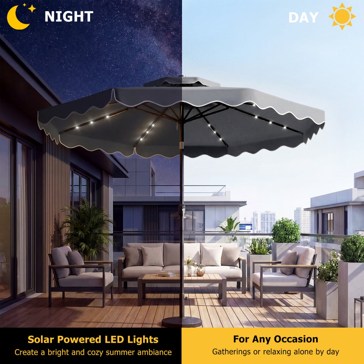 10 FT Solar LED Patio Umbrella for Deck and Pool-Gray