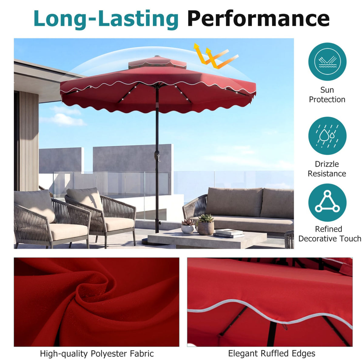 10 FT Solar LED Patio Umbrella for Deck and Pool-Red