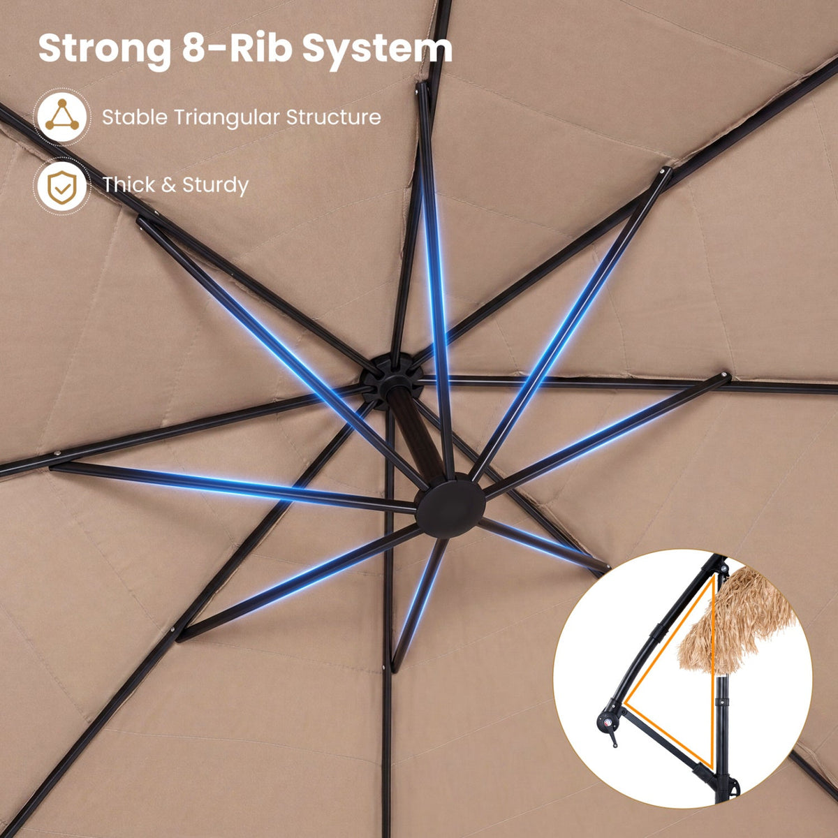 10 FT Solar Thatched Cantilever Umbrella with 12 Modes and Crank Lift-Brown