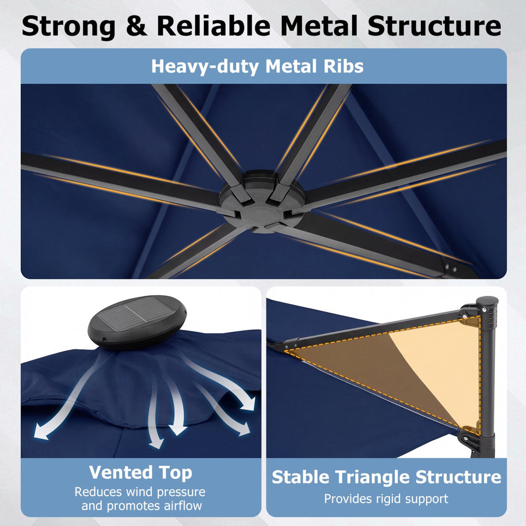 10 Feet Patio Cantilever Umbrella with Solar LED Lights-Navy