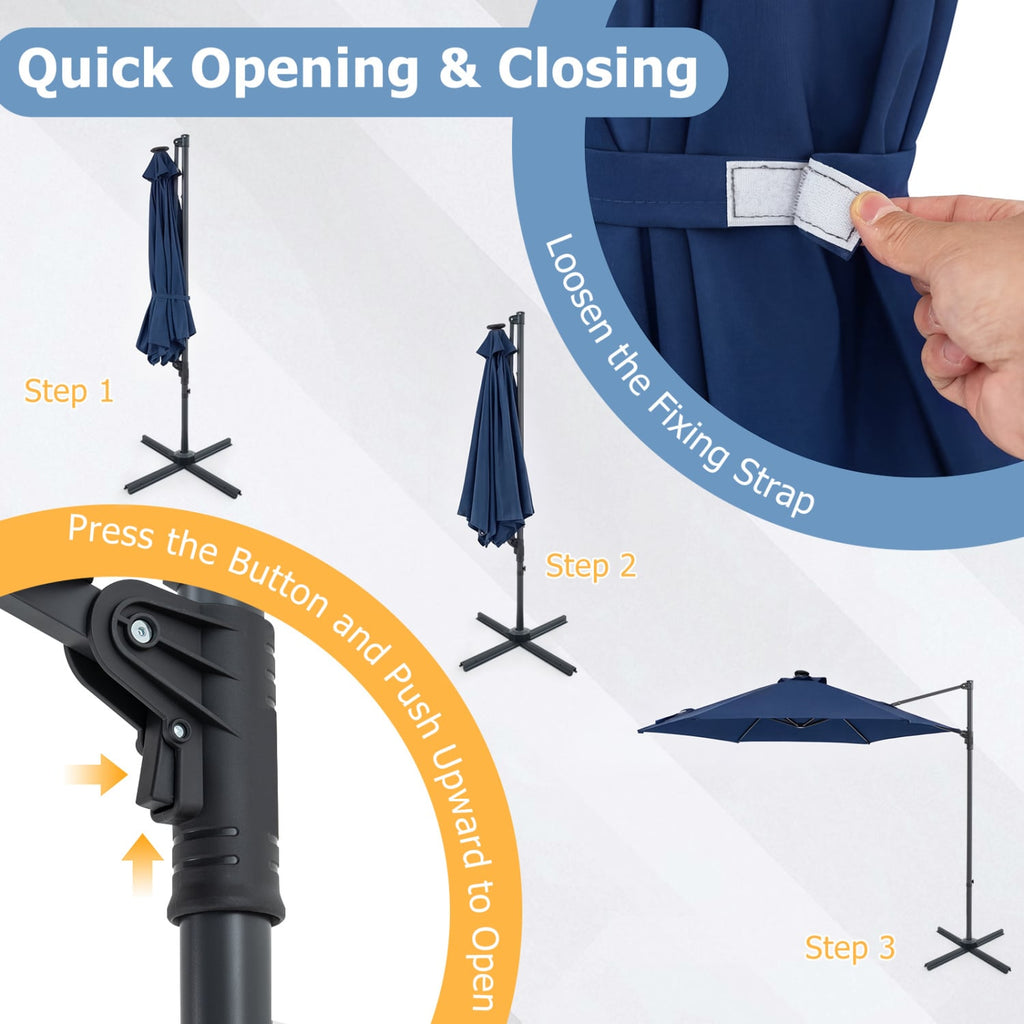 10 Feet Patio Cantilever Umbrella with Solar LED Lights-Navy