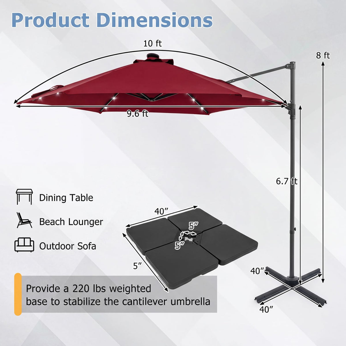 10 Feet Patio Cantilever Umbrella with Solar LED Lights-Wine