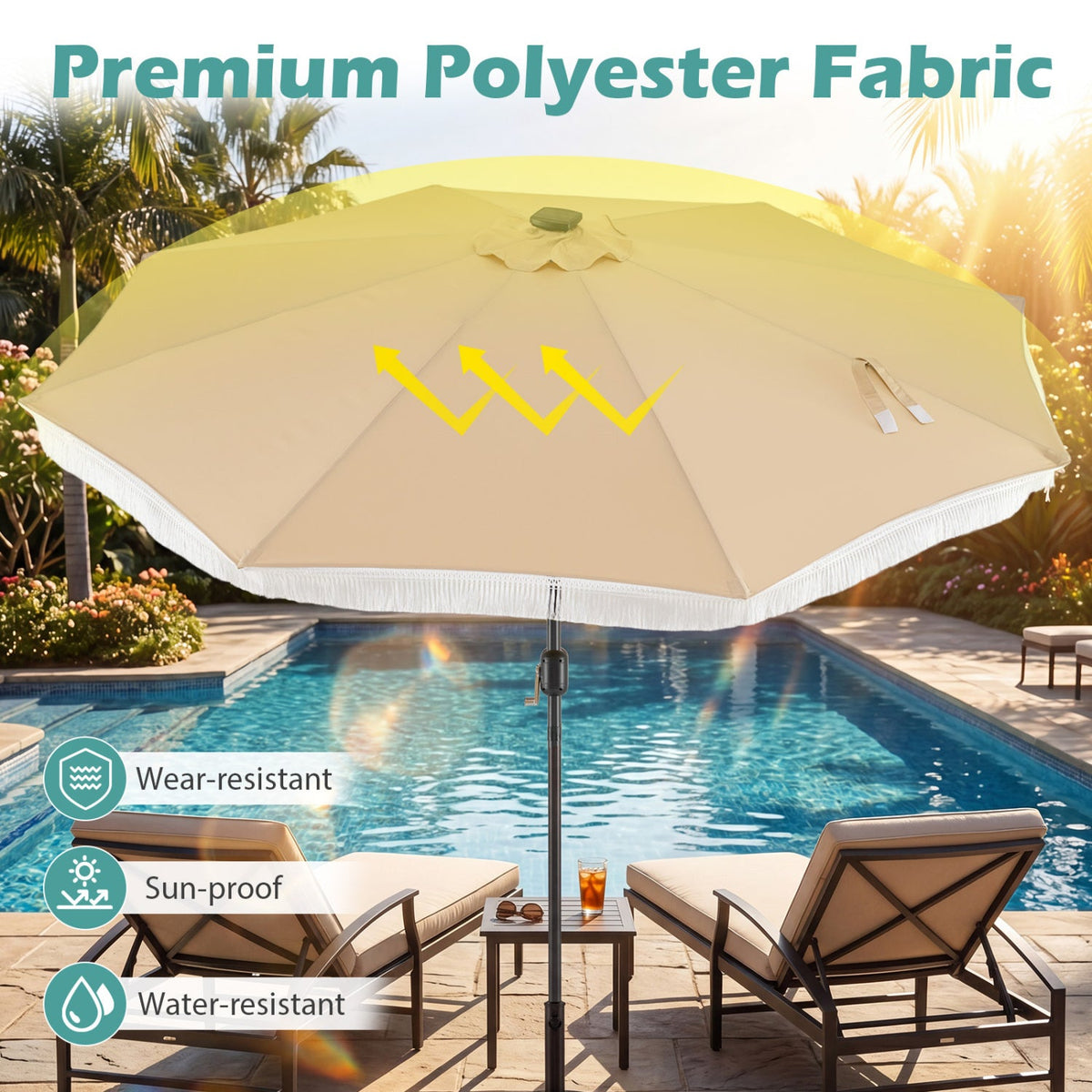 10 Feet Solar Patio Umbrella with 24 LED Lights for Yard-Beige
