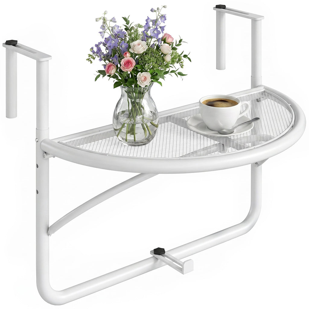 Adjustable Balcony Hanging Railing Table, Metal Mounting Mini Wall Desk Storage Rack, Outdoor Flower Stand Serving Table Half Round, Grey