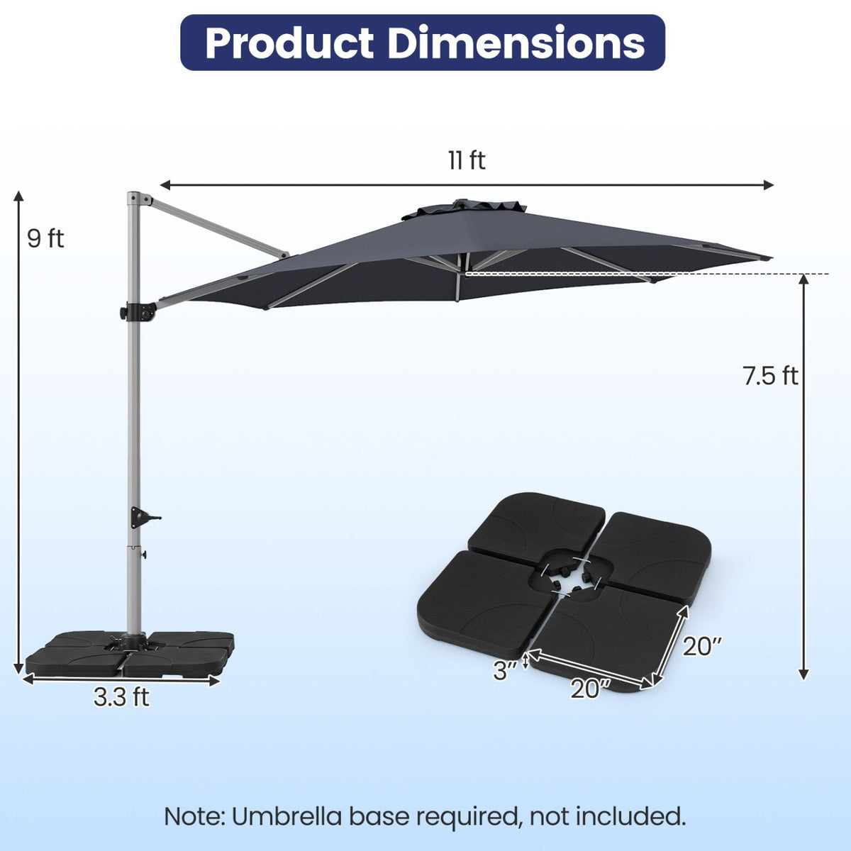11 Feet Patio Offset Cantilever Umbrella 360° Rotation Aluminum Tilt-Gray