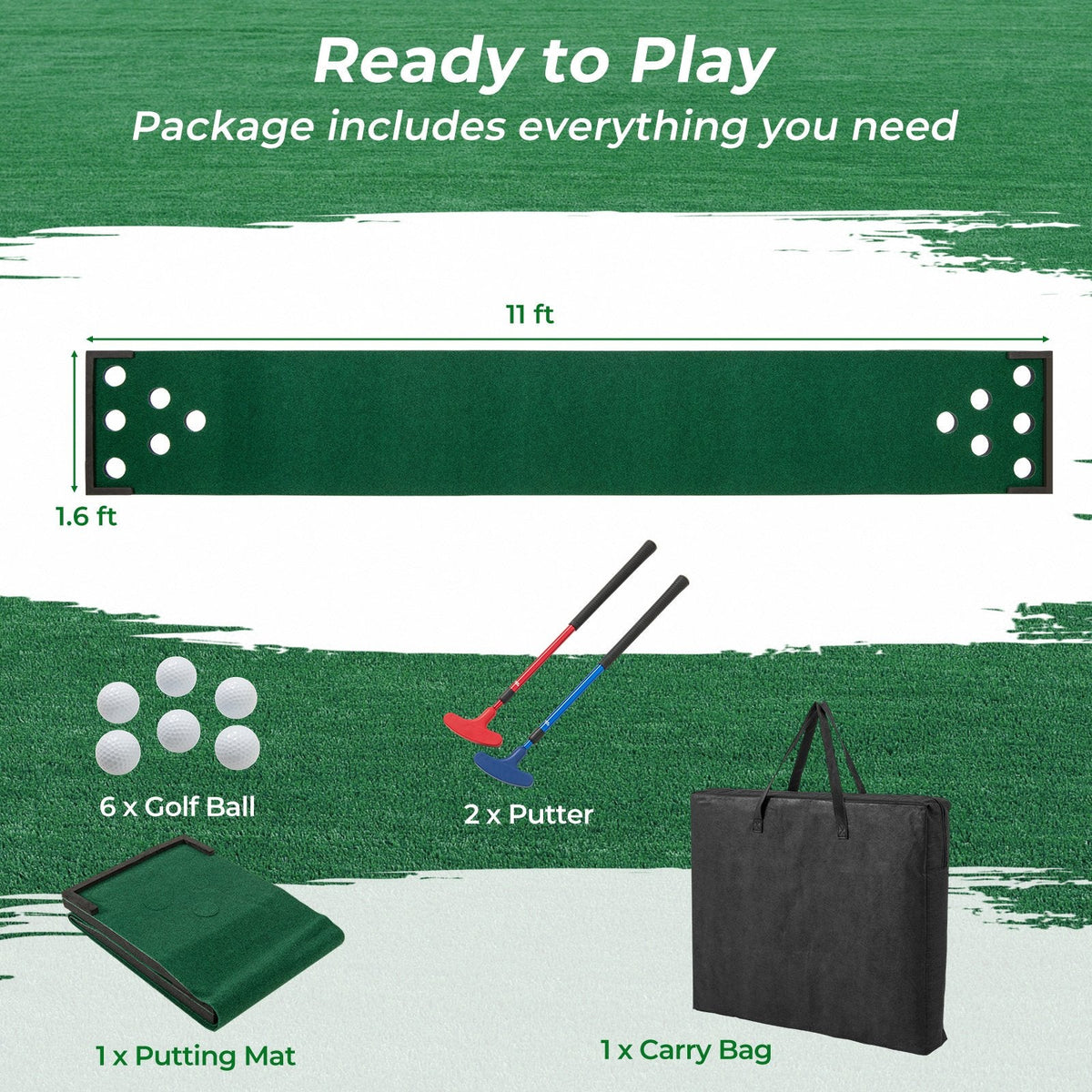 11 FT Indoor Outdoor Putting Green Mat with 2 Adjustable Putters and 6 Balls