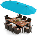 11 Piece Patio Dining Set with 15 FT Double-Sided Lit Umbrella and Base, 75 Inch Acacia Table and 8 Rattan Armchairs, Turquoise Canopy