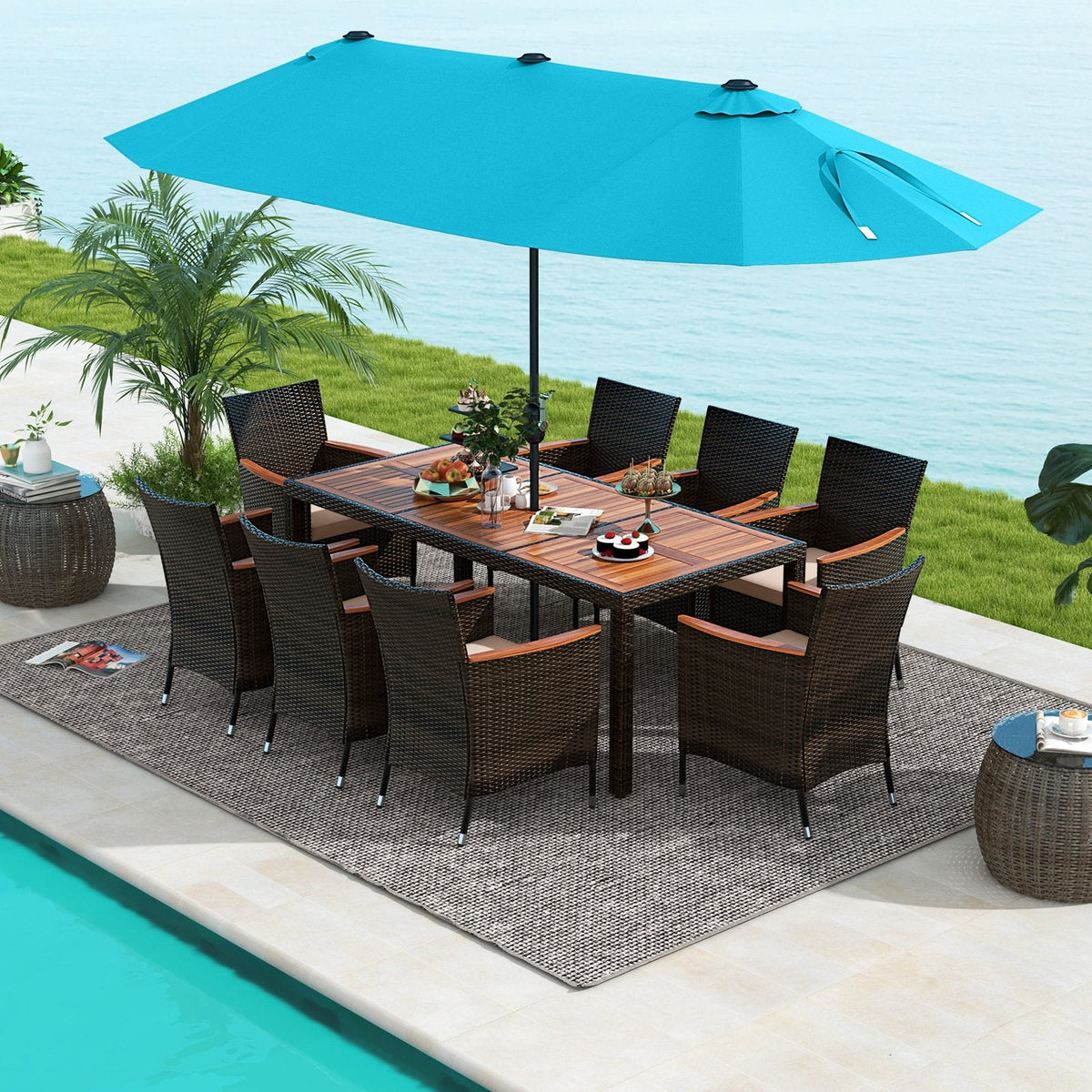 11 Piece Patio Dining Set with 15 FT Double-Sided Lit Umbrella and Base, 75 Inch Acacia Table and 8 Rattan Armchairs, Turquoise Canopy