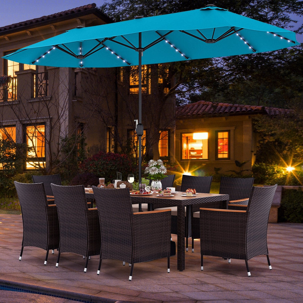 11 Piece Patio Dining Set with 15 FT Double-Sided Lit Umbrella and Base, 75 Inch Acacia Table and 8 Rattan Armchairs, Turquoise Canopy