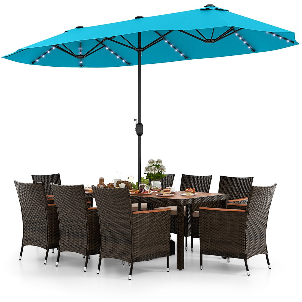 11 Piece Patio Dining Set with 15 FT Double-Sided Lit Umbrella and Base, 75 Inch Acacia Table and 8 Rattan Armchairs, Turquoise Canopy