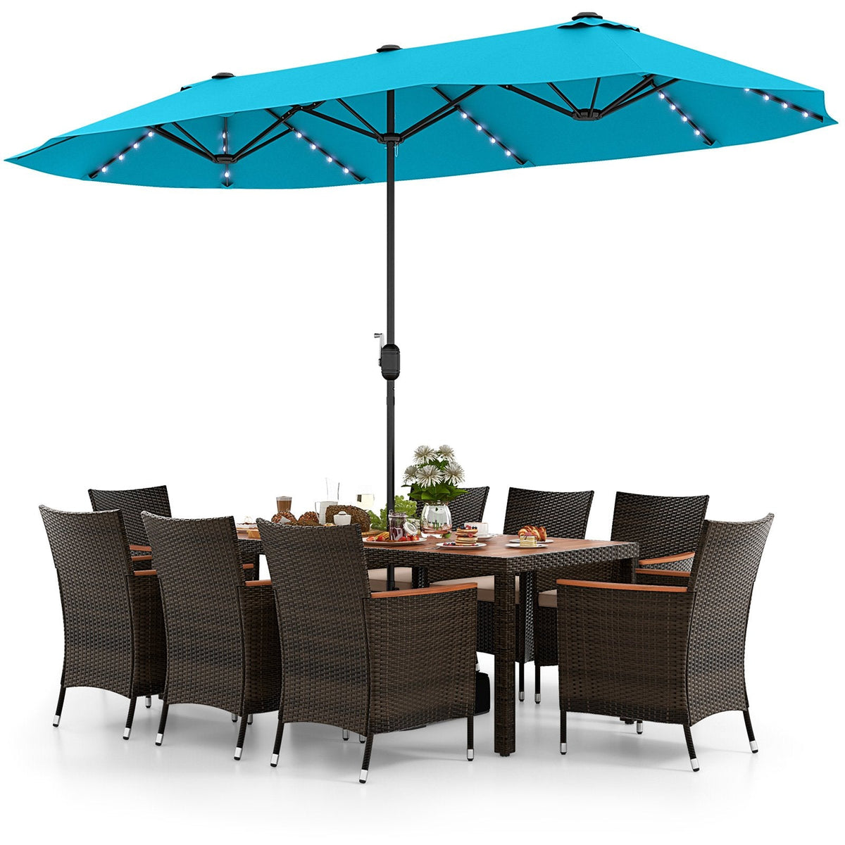 11 Piece Patio Dining Set with 15 FT Double-Sided Lit Umbrella and Base, 75 Inch Acacia Table and 8 Rattan Armchairs, Turquoise Canopy