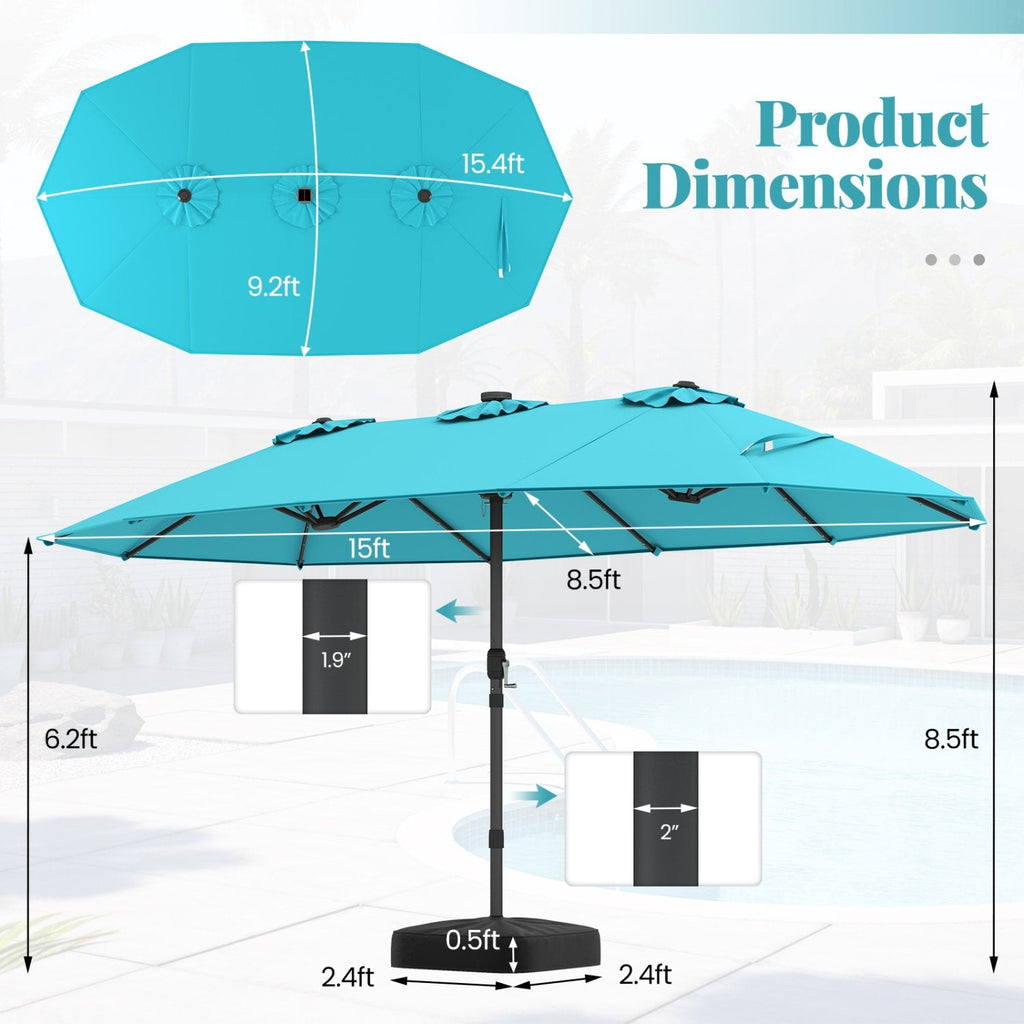 11 Piece Patio Dining Set with 15 FT Double-Sided Lit Umbrella and Base, 75 Inch Acacia Table and 8 Rattan Armchairs, Turquoise Canopy